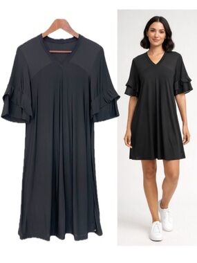 Sport Chic T-shirt Dress Semi Sheer Ruffle Short Sleeves V Neck Cover-Up Coastal